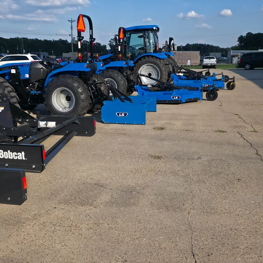 LS slip-clutch rotary cutter hitched to an LS tractor on the lot at Dykes Motors, Collins, Mississippi